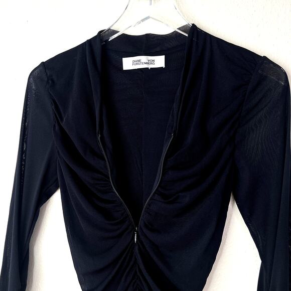 Diane Von Furstenberg Julie Mesh Top Ruched Black Long Sleeve Semi Sheer XS Zip - Picture 4 of 7